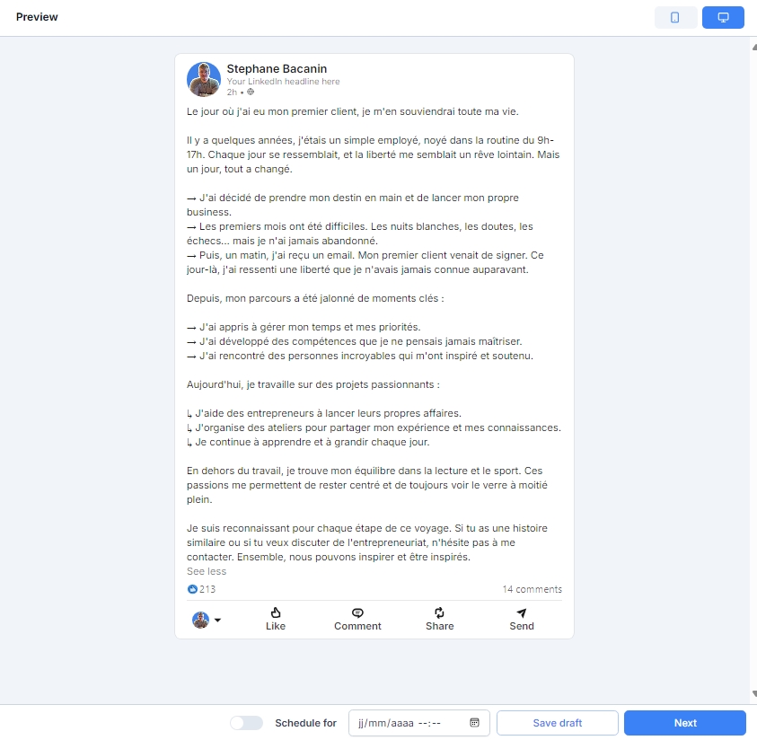 Exemple de post généré par IndiPen