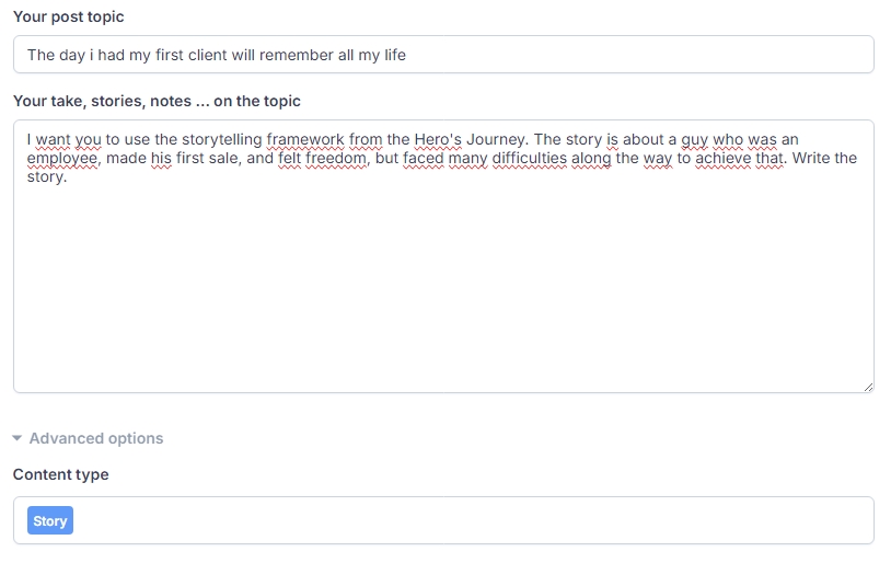 Prompt to generate a post "hero's journey" with IndiPen