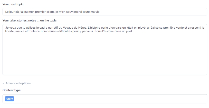 Prompt pour générer un post 'voyage du héro' avec IndiPen