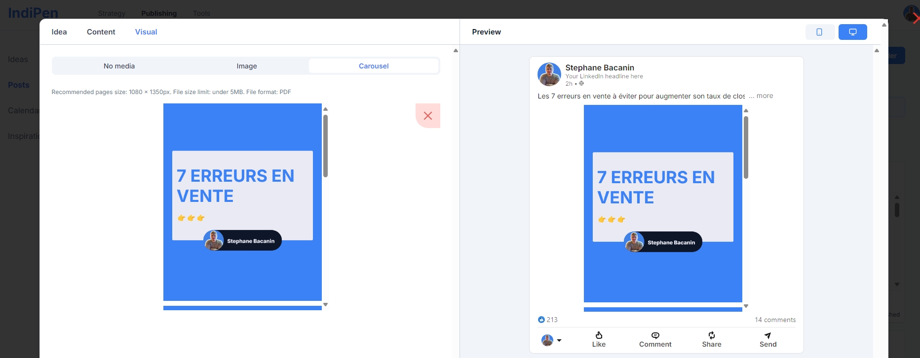 Interface IndiPen pour publier des carrousels